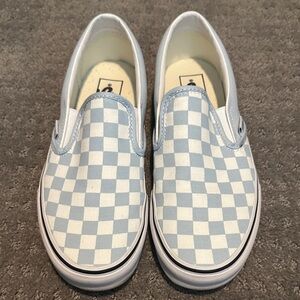 Vans Unisex Checkered Slip-On Shoes - Blue and White women 8, men 6.5